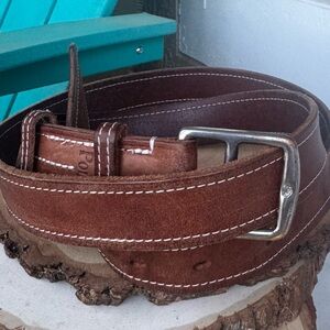 Polo Ralph Lauren Brown Leather Belt White Stitch Silver Buckle Mens 42